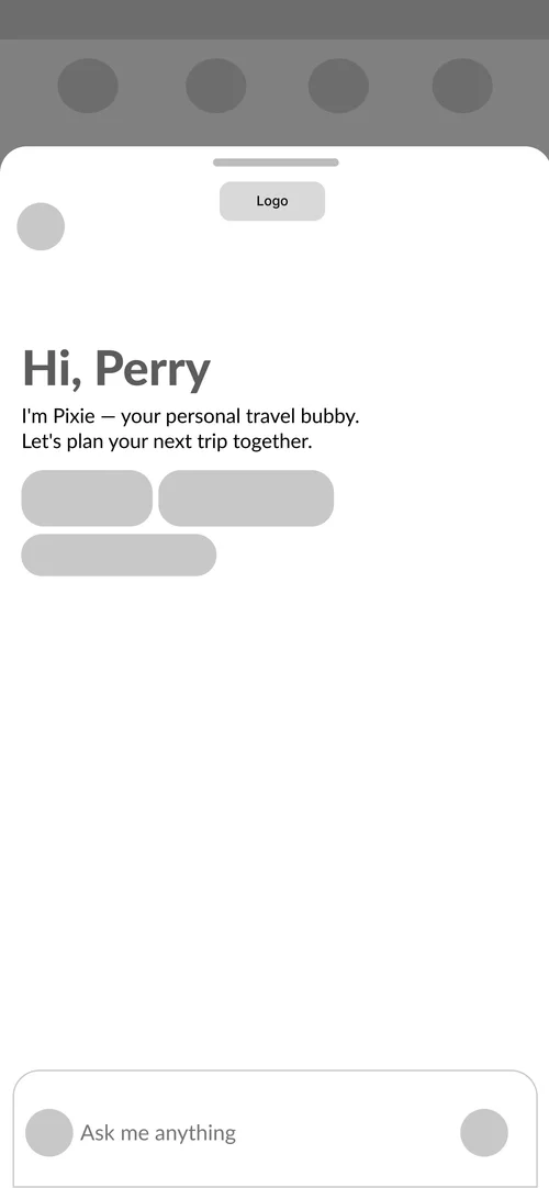 Original welcome wireframe and final UI: the structure gains a companion identity, suggested prompts and a persistent input.