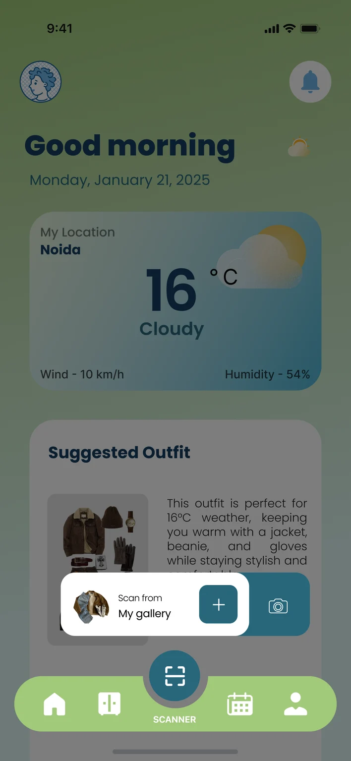 Capture entry and the wardrobe it feeds. Camera and gallery entry connect to a category-based library.