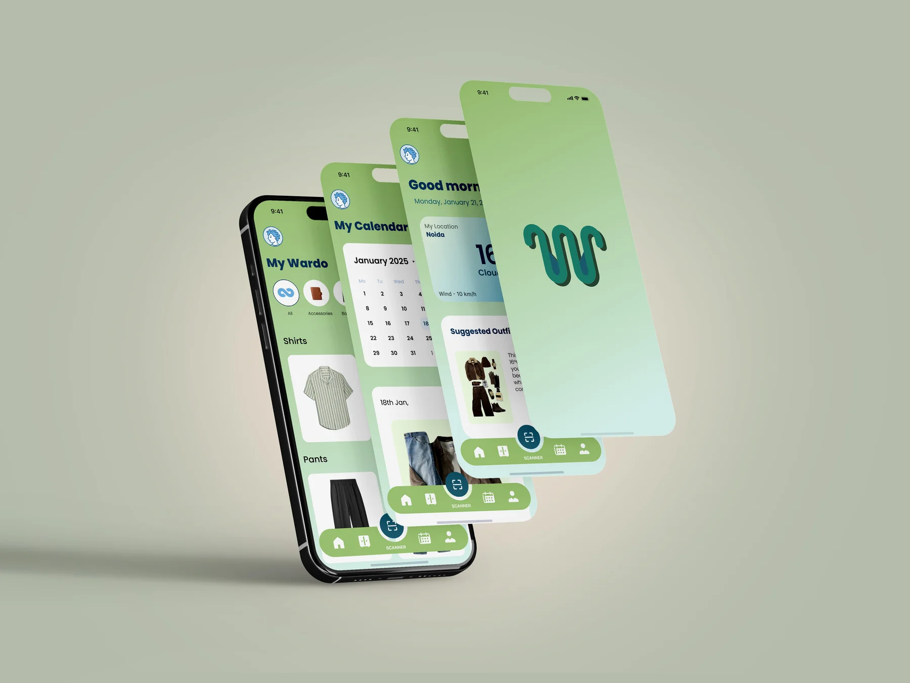 Wardo app mockup showing the digital wardrobe, weather-aware home screen and outfit calendar.